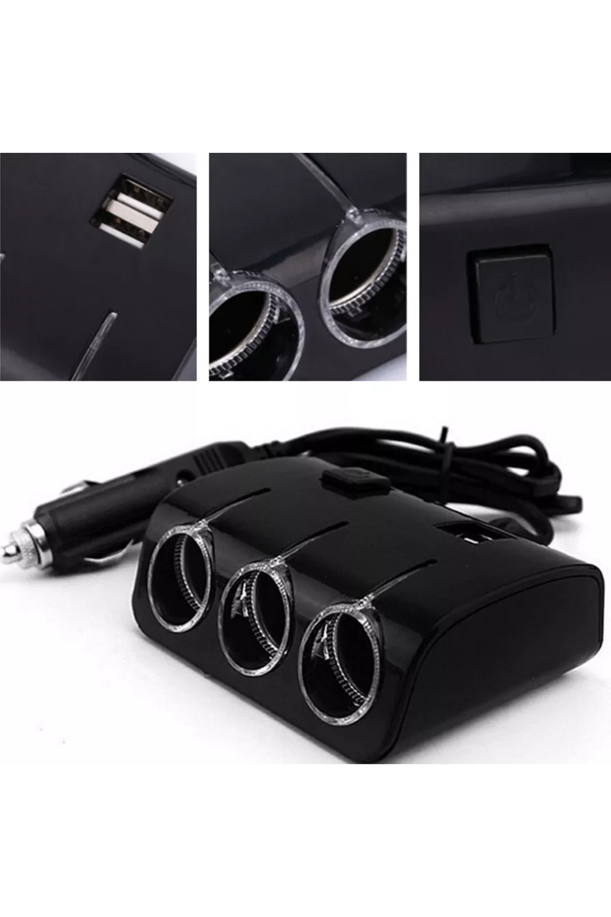 Araba Siyah 3’Lü Multi Soket Çakmaklık Bölücü Adaptör Usb Takılı Şarj Cihazı - küçük resim 16