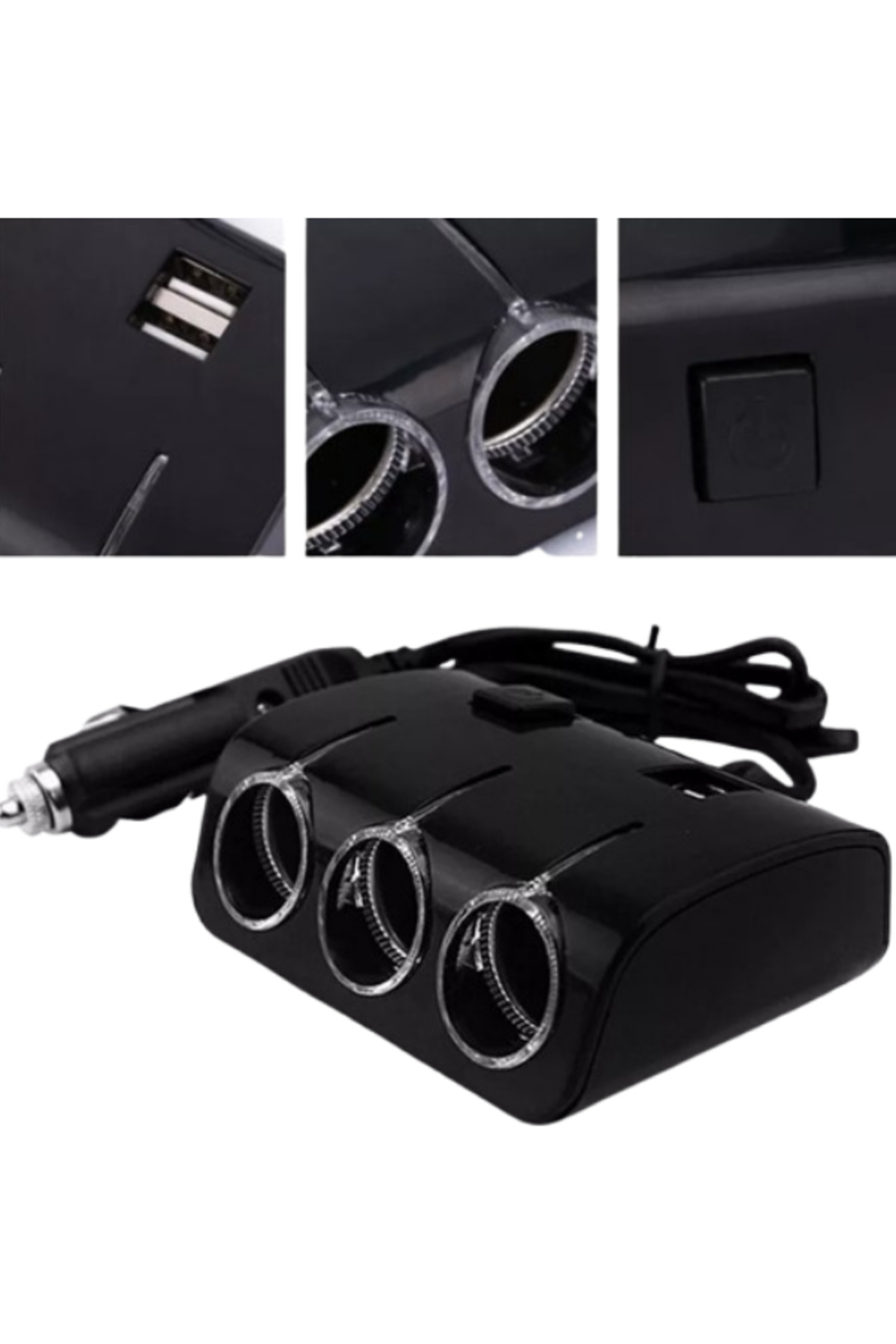 Araba Siyah 3’Lü Multi Soket Çakmaklık Bölücü Adaptör Usb Takılı Şarj Cihazı - küçük resim 4