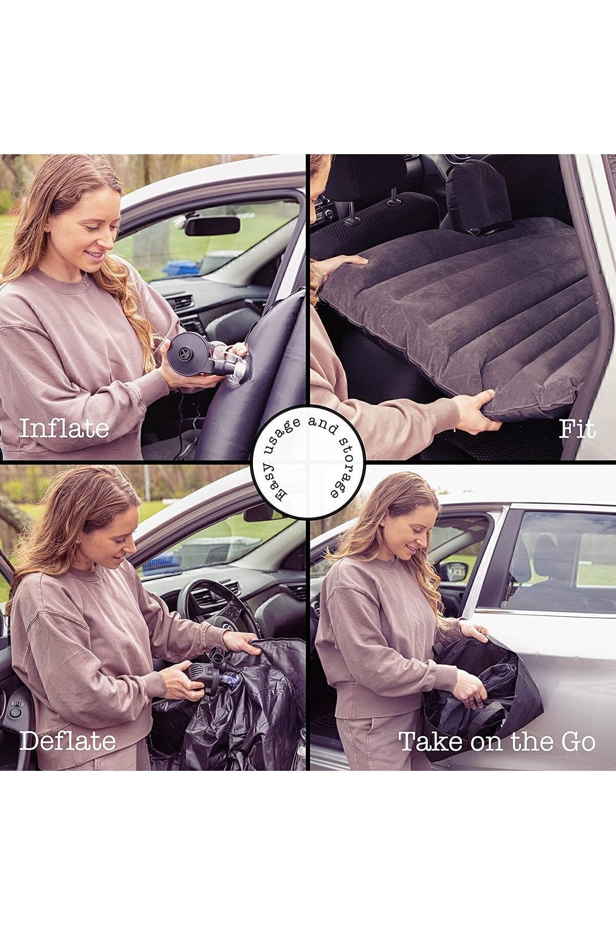 Şişme Yatak Araba Ve Kamp Yatağı Çanta Elektrikli Pompa Tamir Kiti Ve Yastıklı Yatak Seti Siyah - küçük resim 6