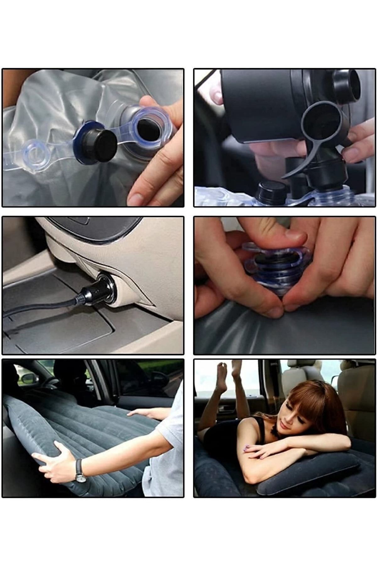 Şişme Yatak Araba Ve Kamp Yatağı Çanta Elektrikli Pompa Tamir Kiti Ve Yastıklı Yatak Seti Siyah - küçük resim 8